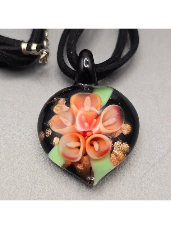 Murano Jewelry - Sterling Silver Murano Glass Flower Pendant Velvet Necklace 16" Art Nouveau Styl